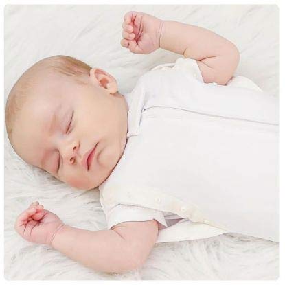 Woombie Stardust Elephant swaddle-gray arms-out mode for rolling or stroller time.