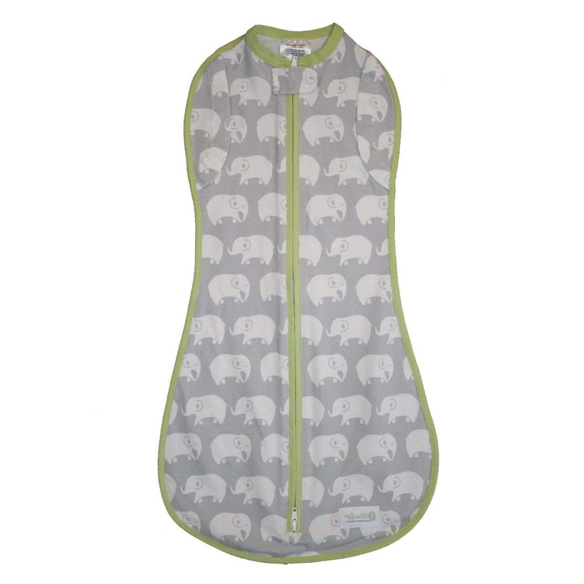 Woombie Stardust Elephant swaddle gray front view shows snug wearable blanket in action.