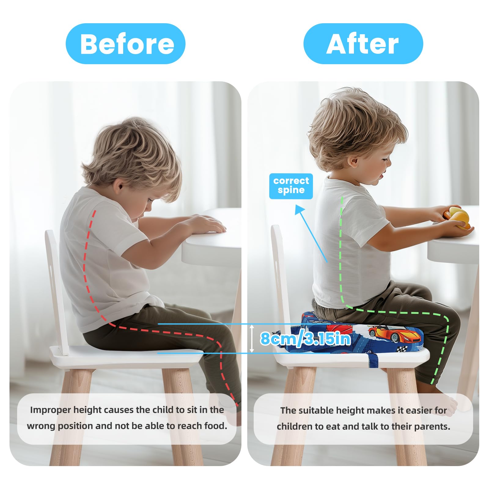 Wooshwa booster seat non-slip base keeps child secure.