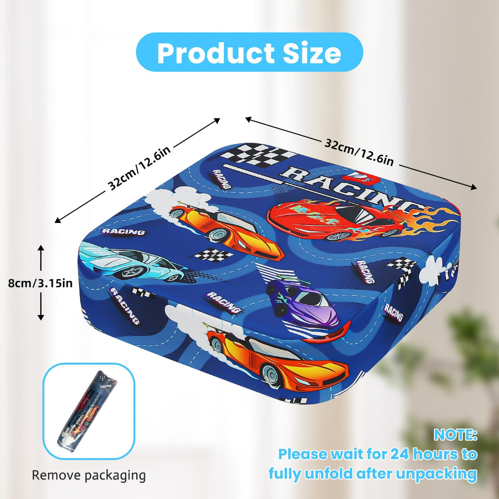 Wooshwa racing-car themed booster seat adds playful comfort.