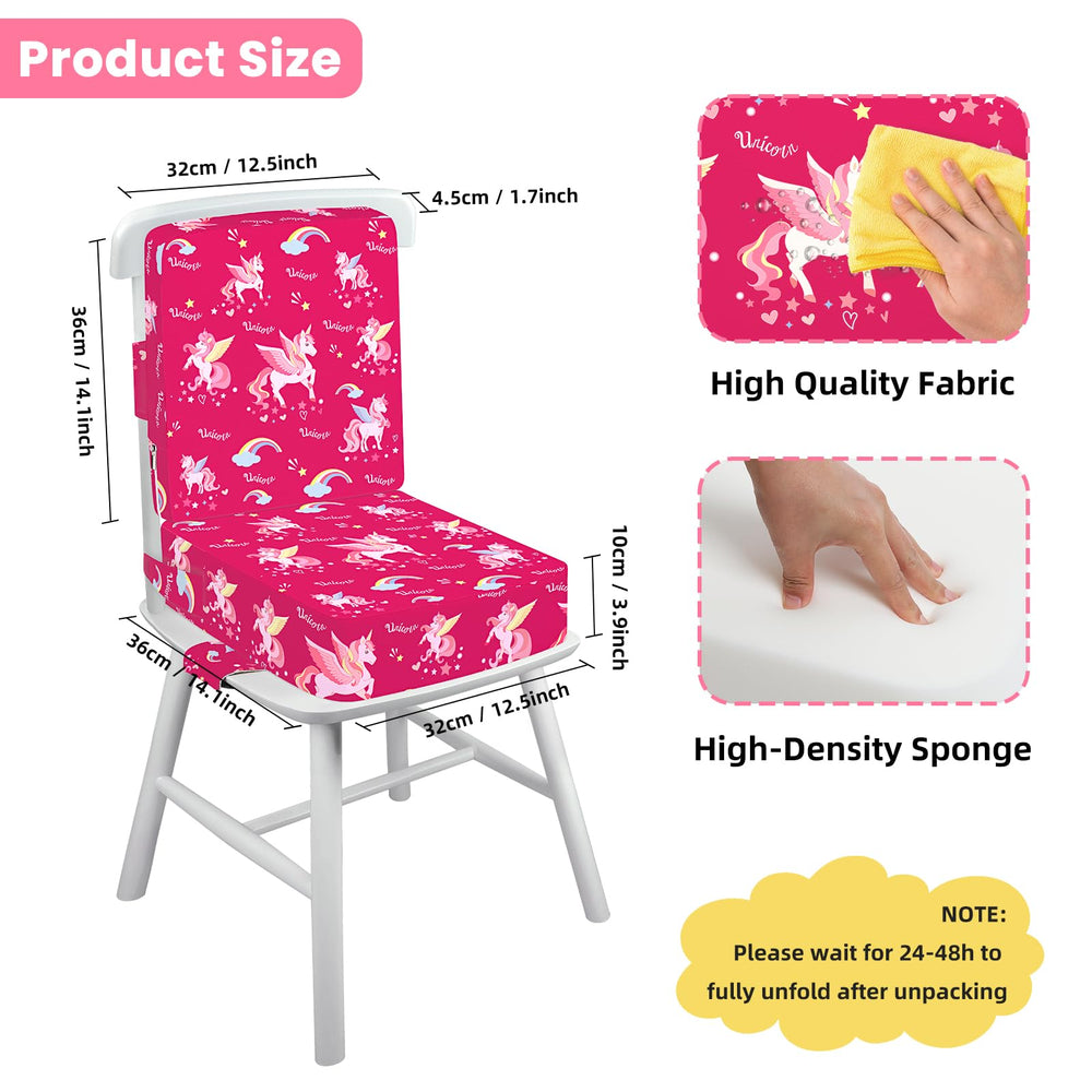 wooshwa Unicorn booster seat shows non-slip bases preventing slips on kitchen chairs.