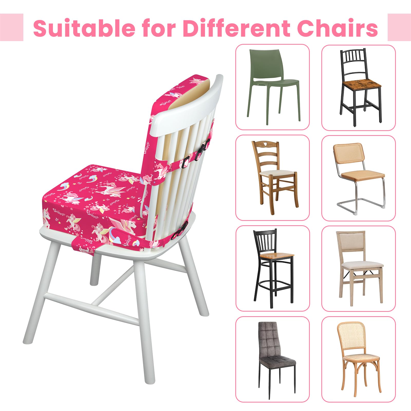 wooshwa Unicorn booster seat fits most chairs with proper dimensions for comfortable seating.