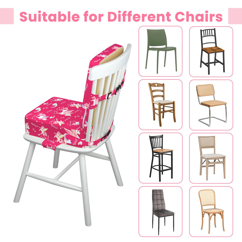 wooshwa Unicorn booster seat fits most chairs with proper dimensions for comfortable seating.