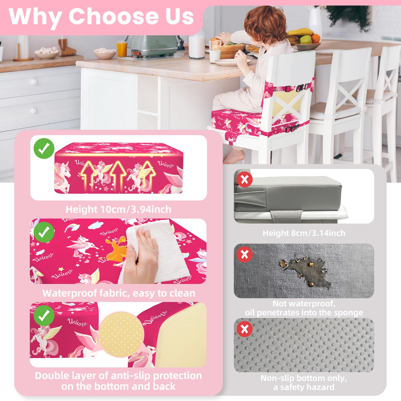 wooshwa Unicorn booster seat is lightweight and portable for dining out or camping.