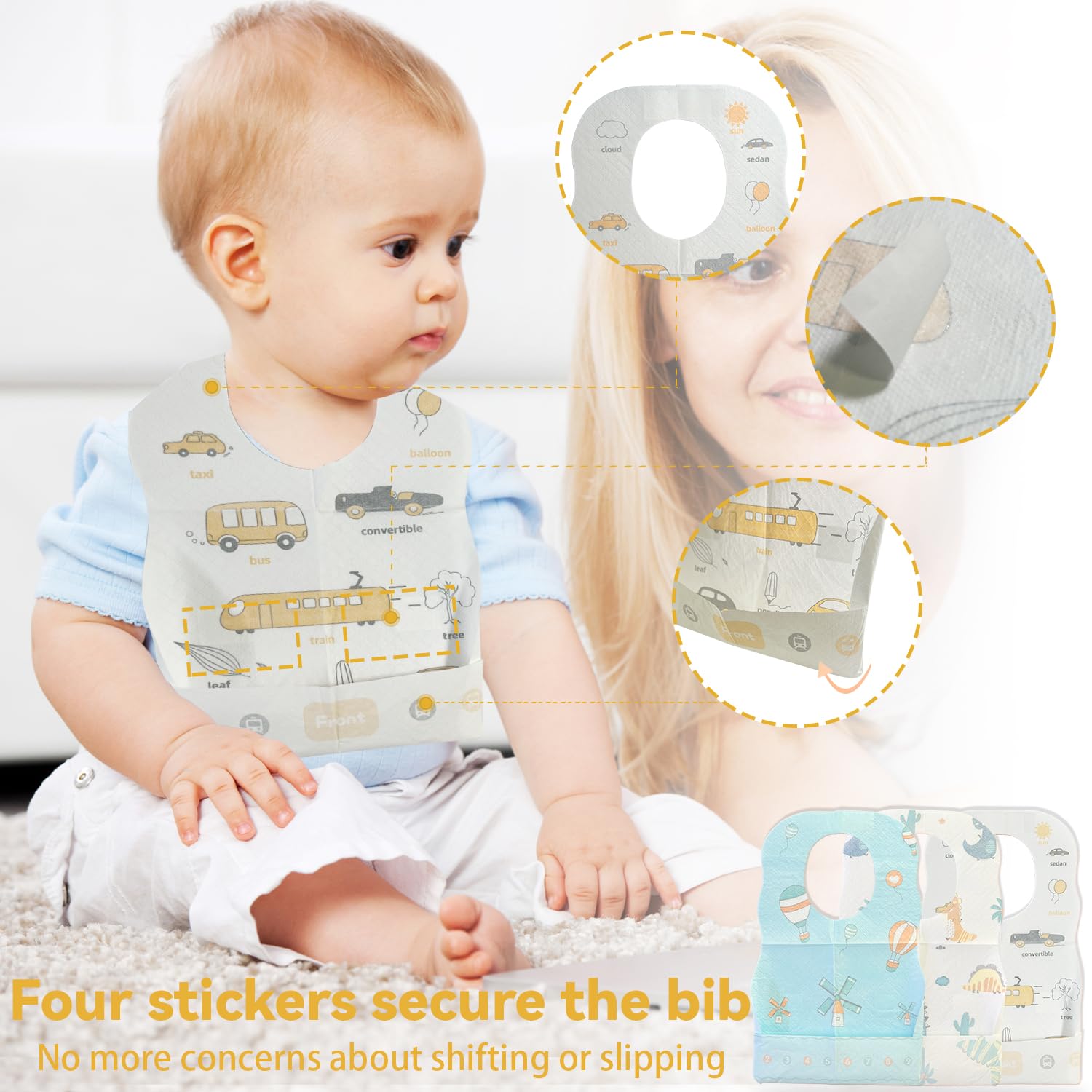 WOOWME disposable bib adhesive strips secure the fit and reduce spills.