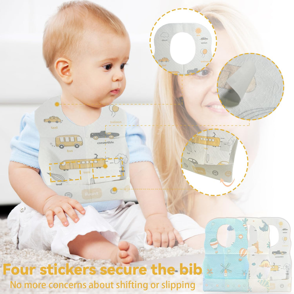 WOOWME disposable bib adhesive strips secure the fit and reduce spills.