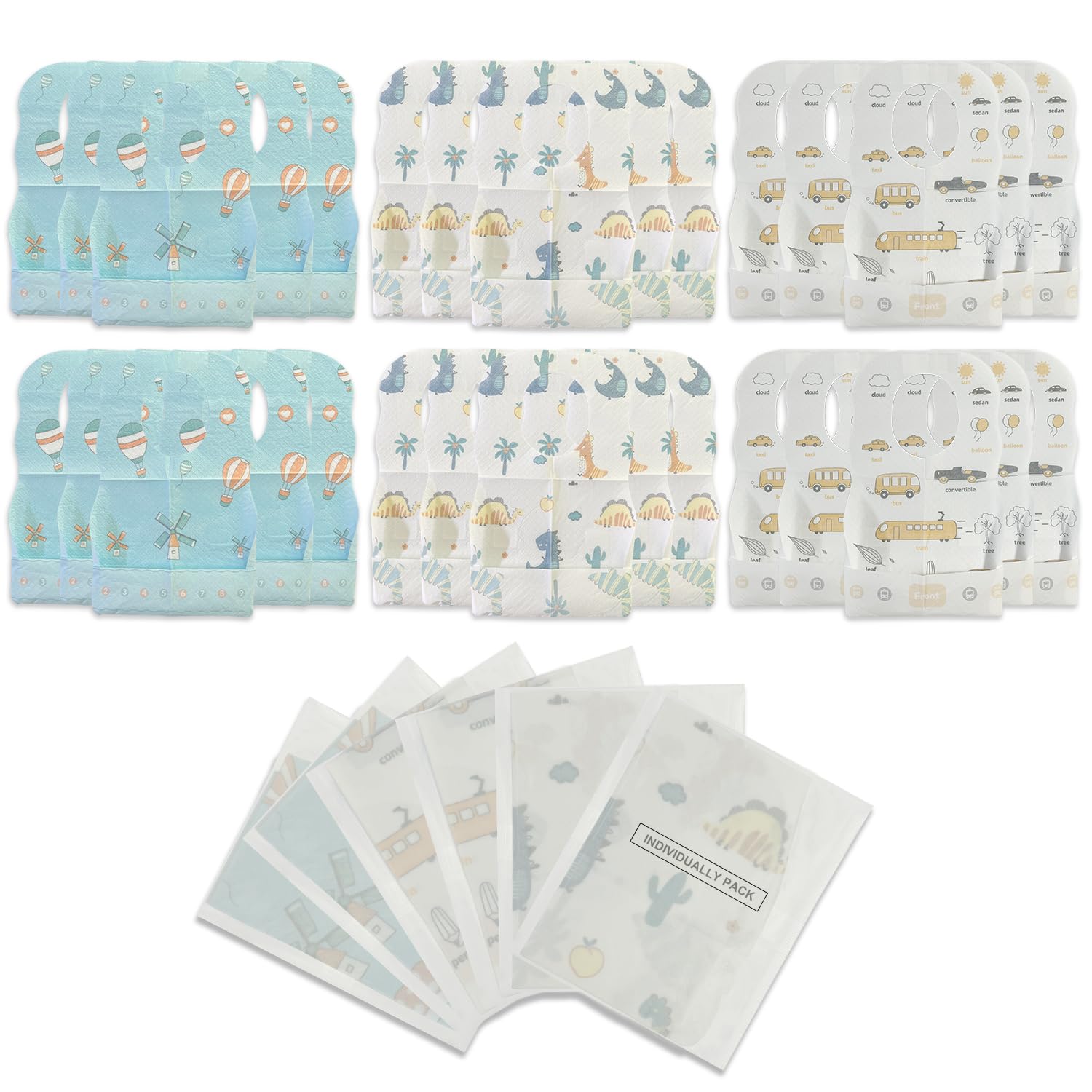 WOOWME disposable bibs packaged bulk for hygienic, travel-ready mess control.