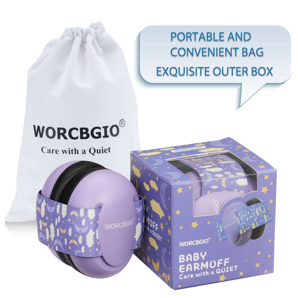 WORCBGIO infant earmuff cups reduce loud noise for calmer plane rides and naps.