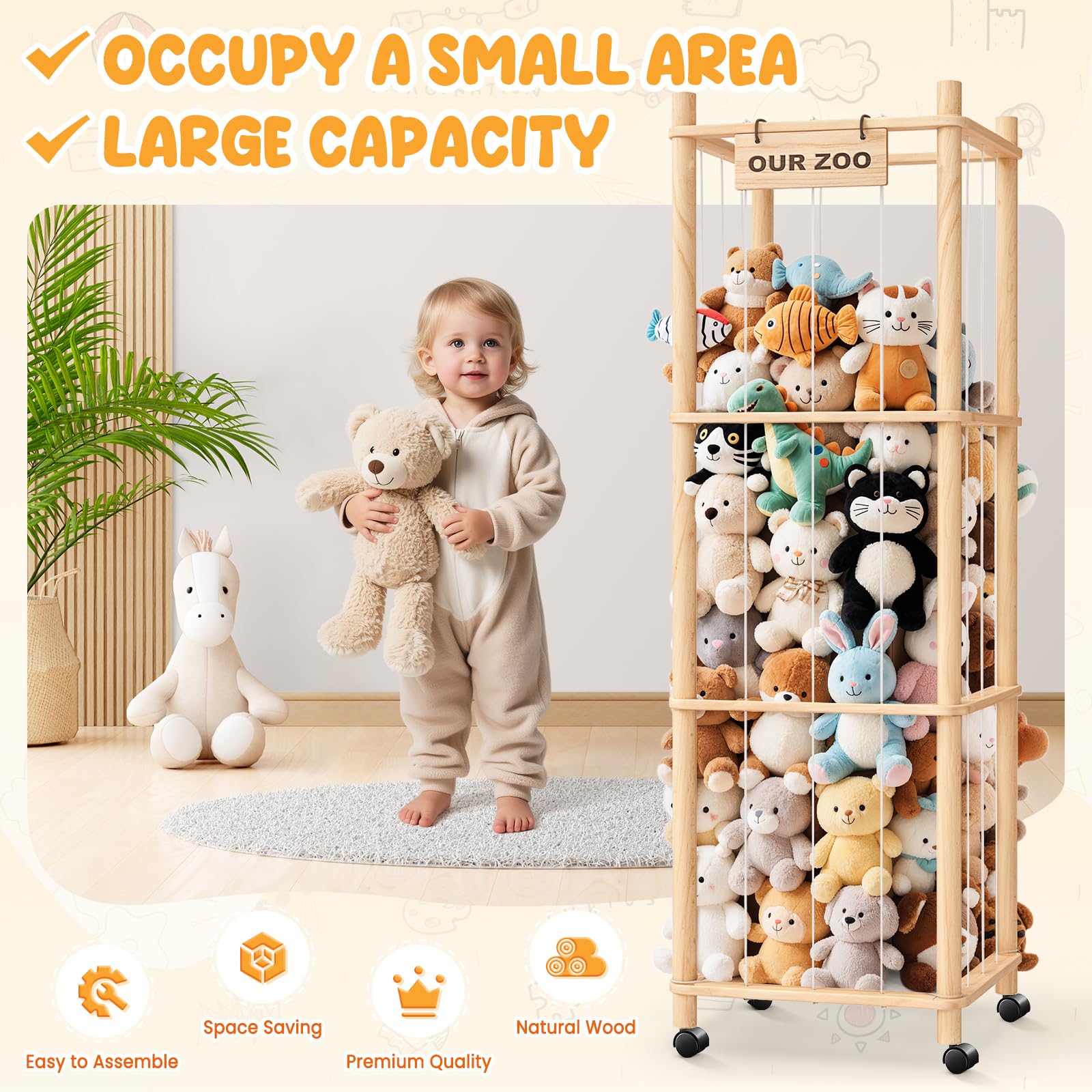 WorldMX zoo-style organizer with elastic bars for quick toy access.