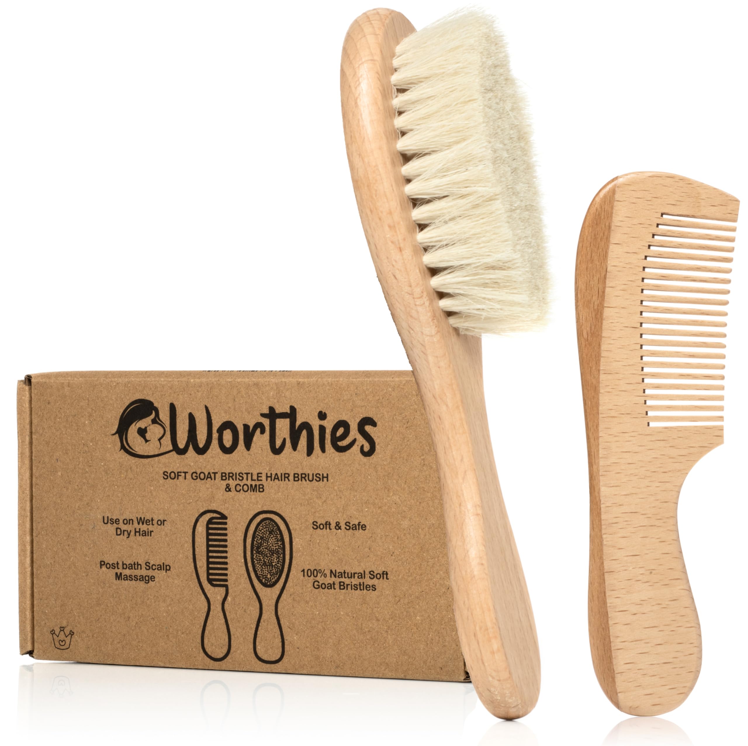 Worthies baby hair brush and comb set with wood bristles for gentle grooming and scalp care.