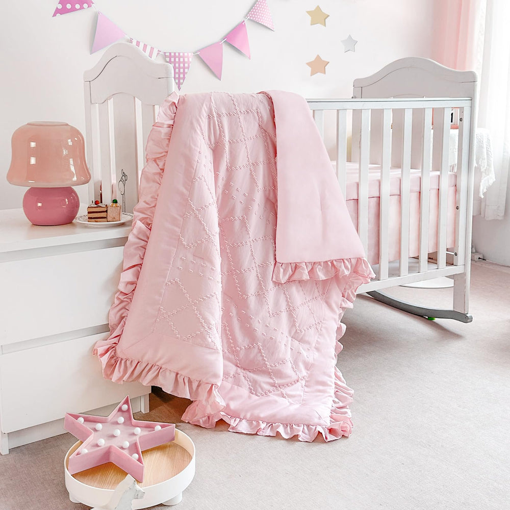 Wowelife crib skirt pink secures with elastic edge for neat changes
