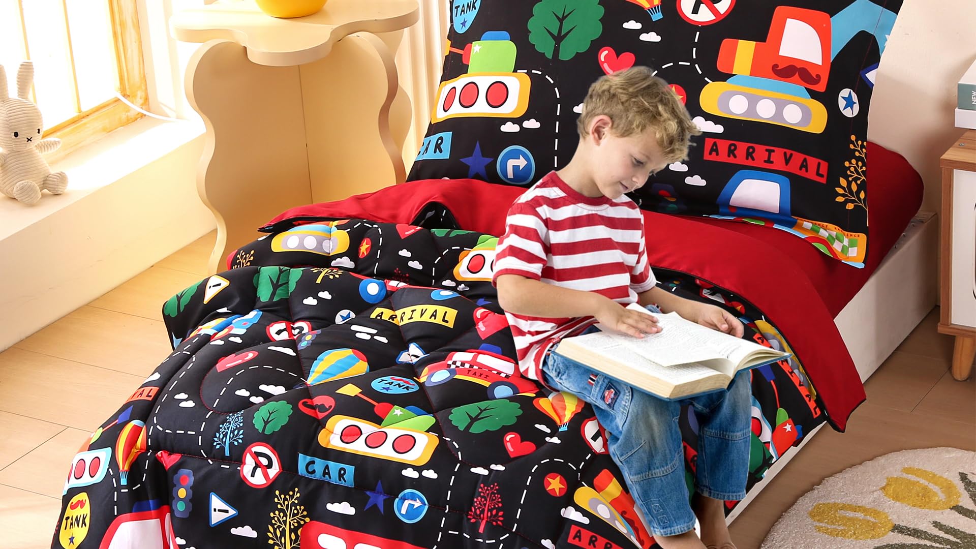 Wowelife black transportation bedding shown on a toddler bed creates a bold room accent.