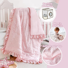 Wowelife crib skirt detail highlighting tidy pleats and pink color
