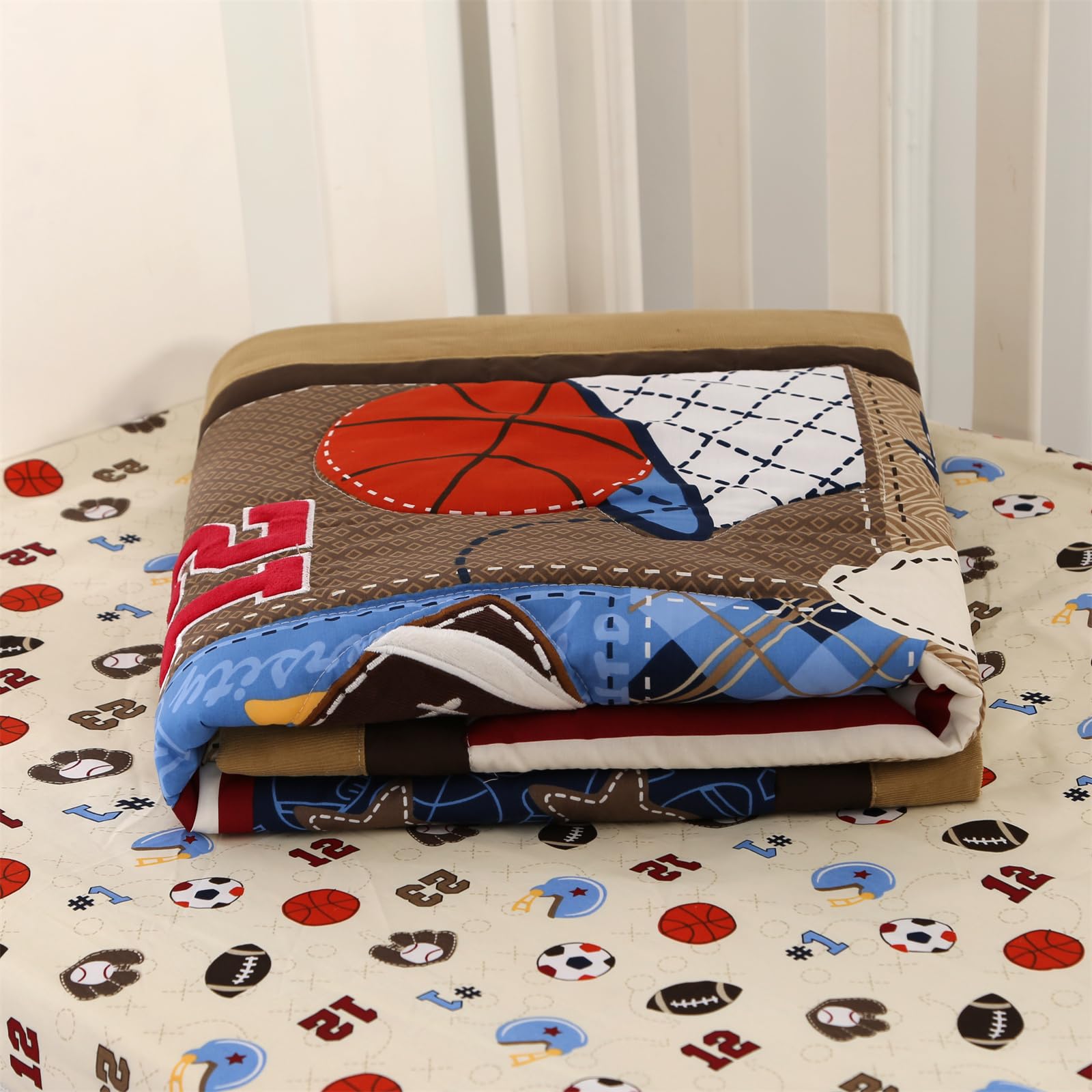 Wowelife brown sports nursery theme creates warm, inviting bedtime atmosphere.
