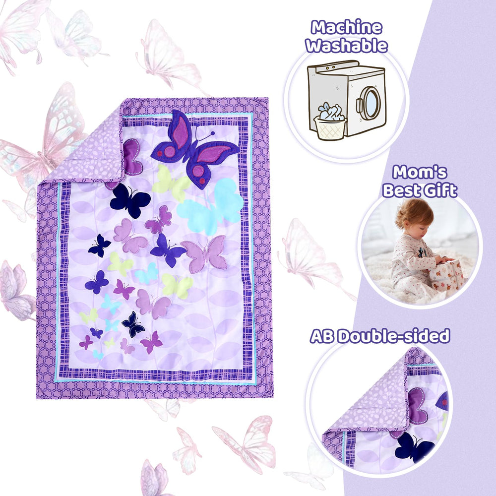Wowelife butterfly mini crib bedding close-up shows butterfly prints for charm