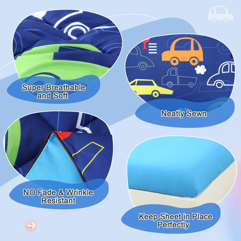 Wowelife car-toddler-bedding-set-blue-cars-design shows kid-friendly room fun guiding bedtime.