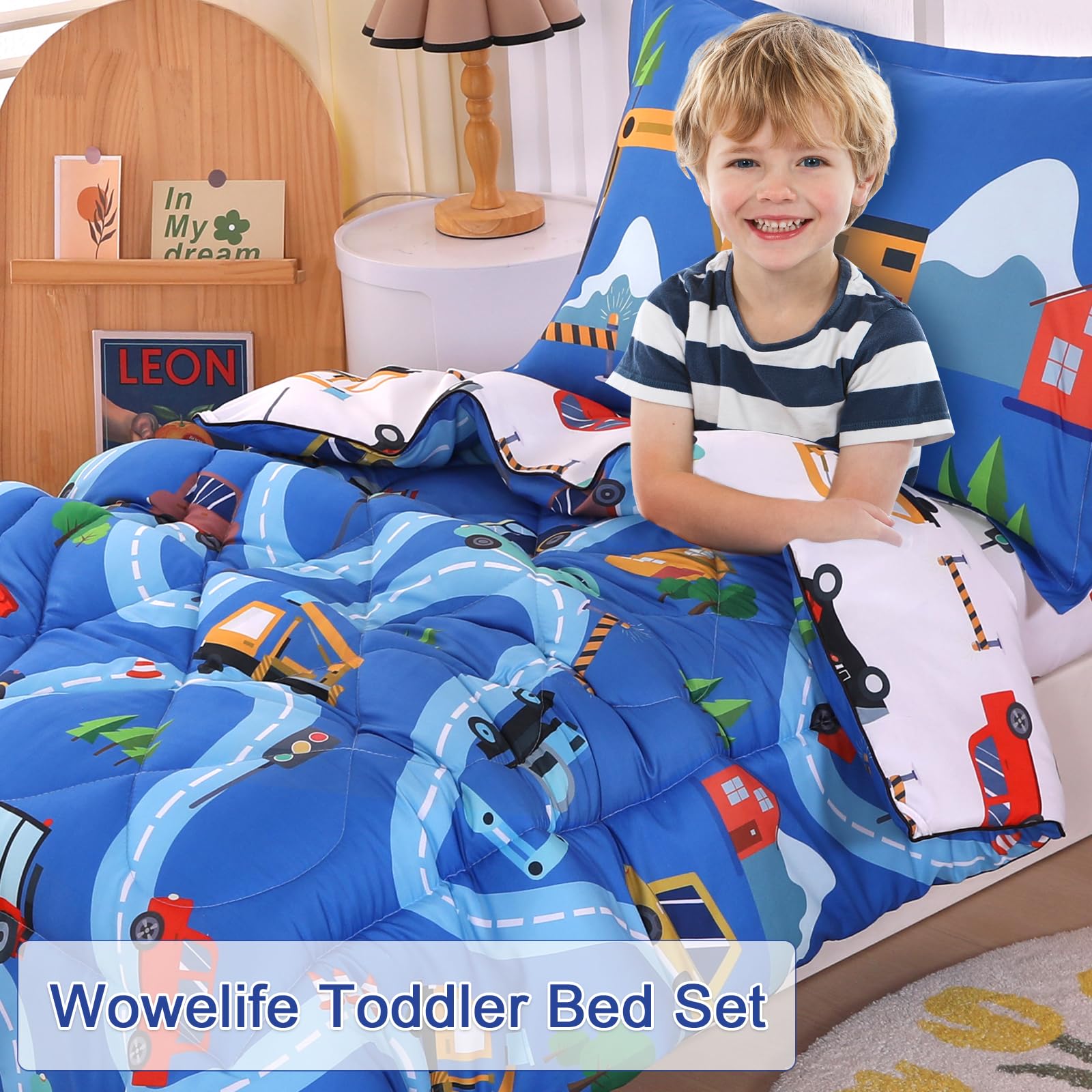 Wowelife Cars blue-white colorway; soothing palette for calm bedtimes.