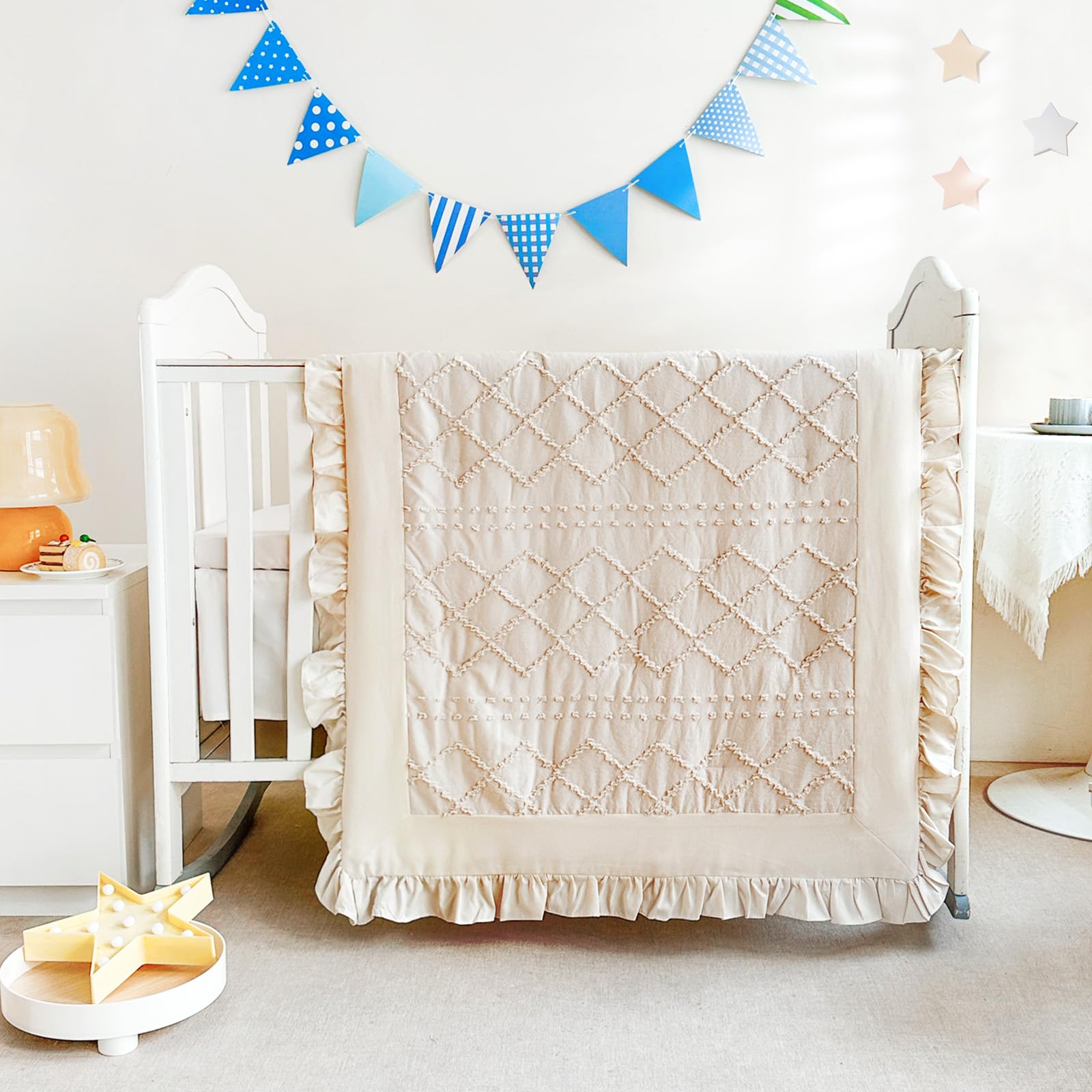 Wowelife crib skirt provides secure fit and tidy lines for a neat nursery.
