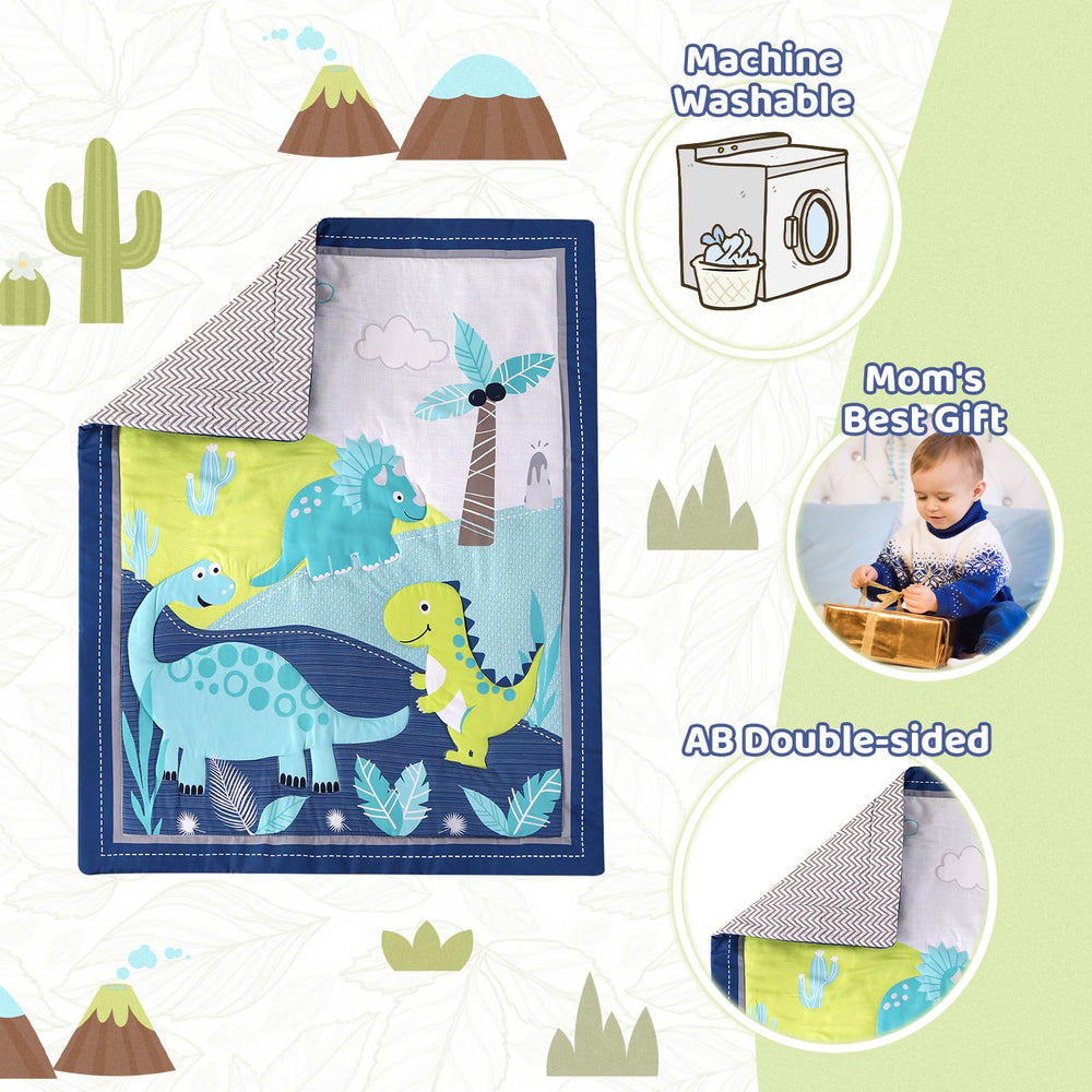 Wowelife dinosaur crib bedding nursery room setup with blue theme.