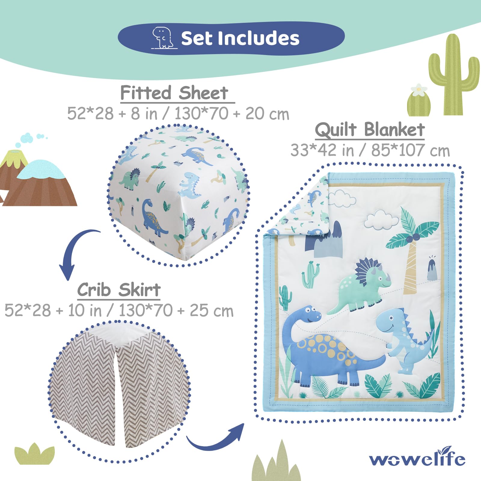 Wowelife Nursery setup shows coordinated three-piece bedding in serene light blue.