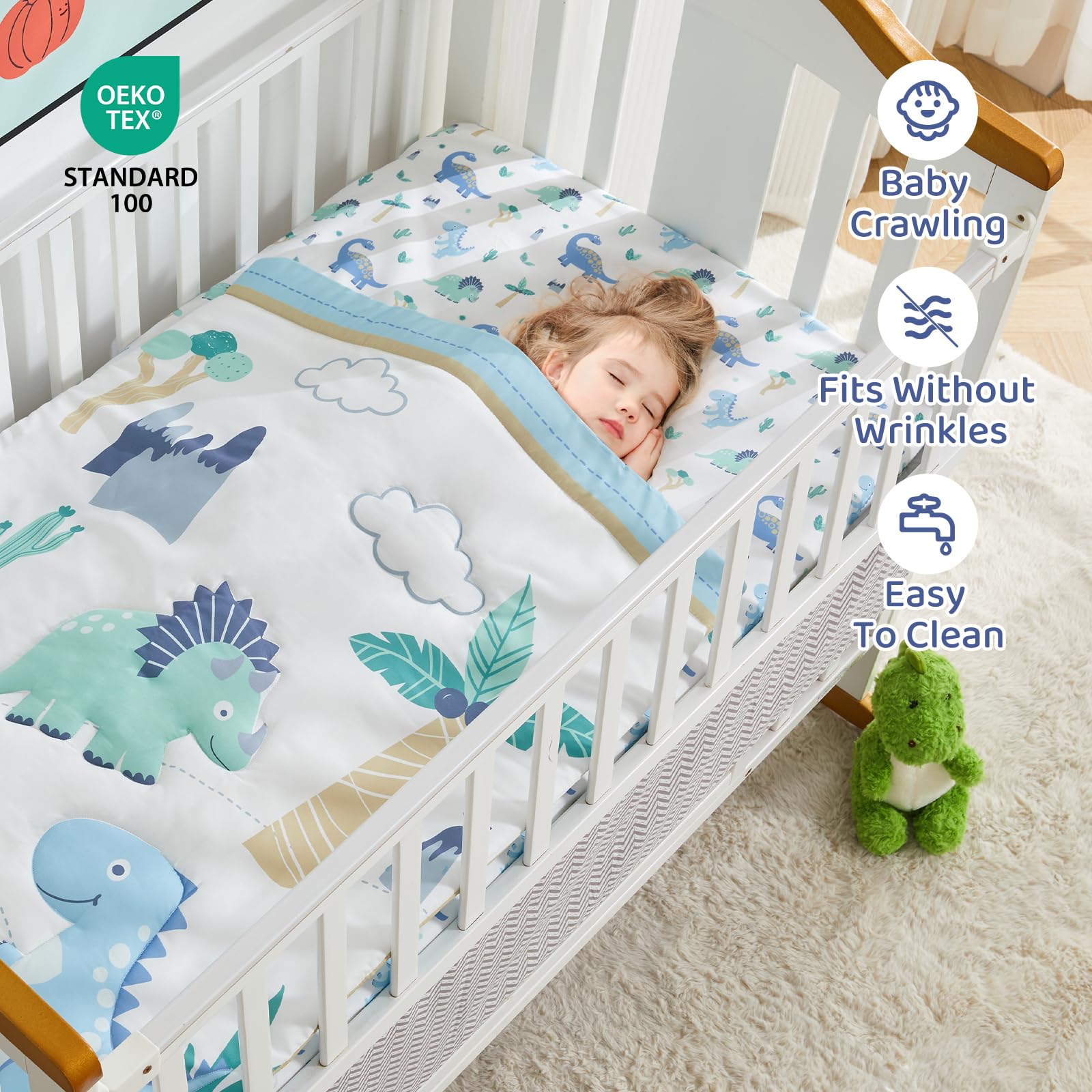Wowelife Dinosaur-themed pattern closeup highlights playful blue dinos.