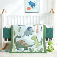 Wowelife Dinosaur Crib Bedding Set comforter close-up highlights soft green print for naps
