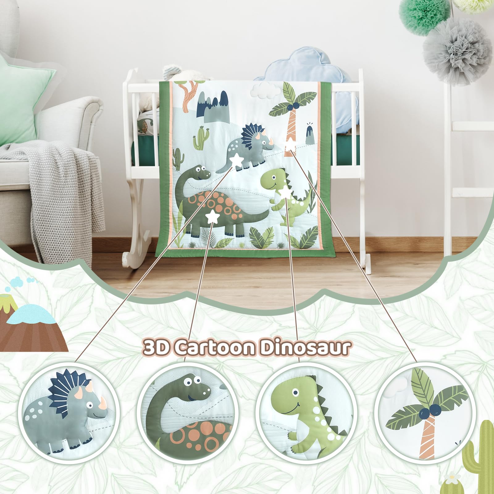 Wowelife Dinosaur Crib Bedding Set crib skirt elastic edge demonstrates secure fit