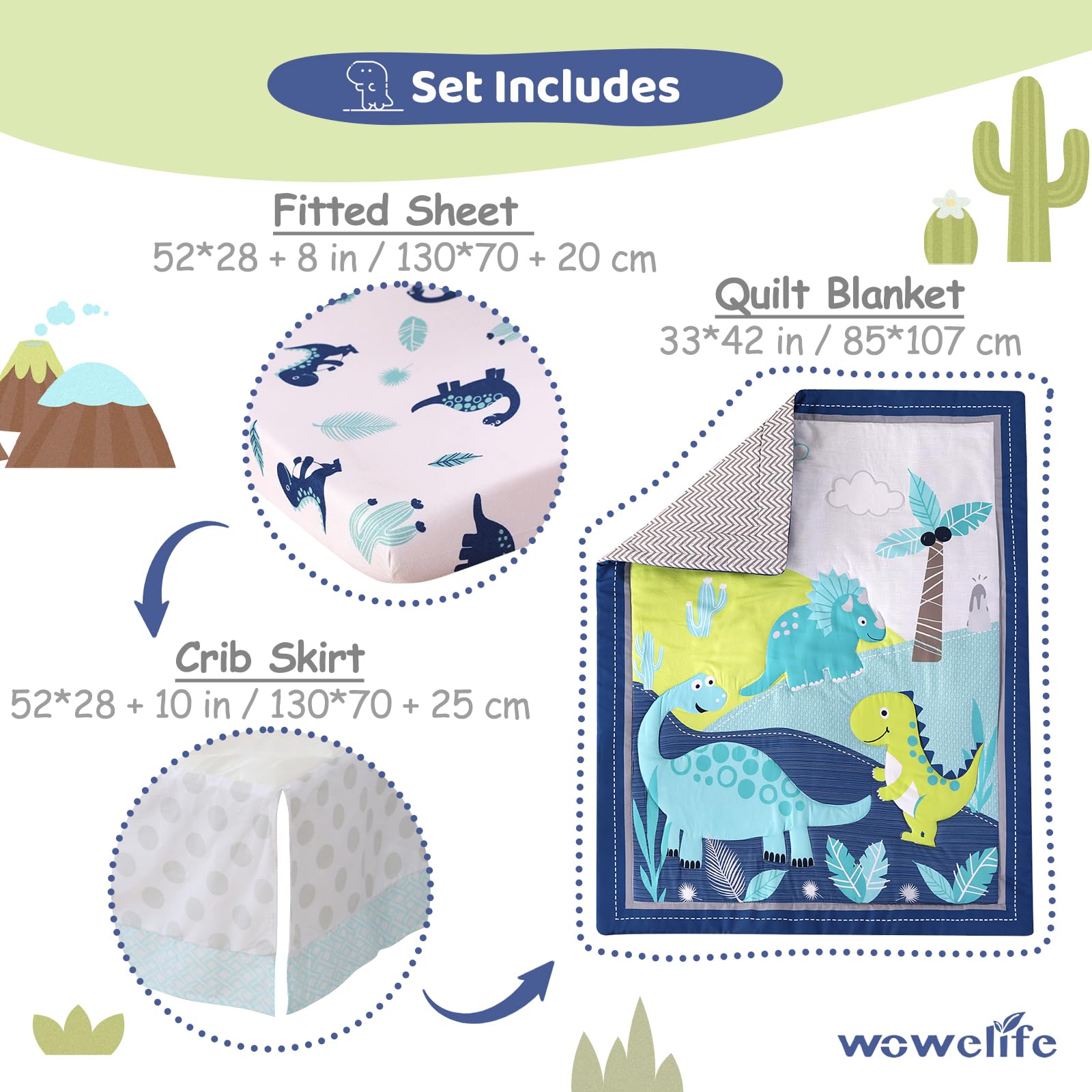 Wowelife dinosaur crib bedding fitted sheet blue with all-around elastic for secure fit.