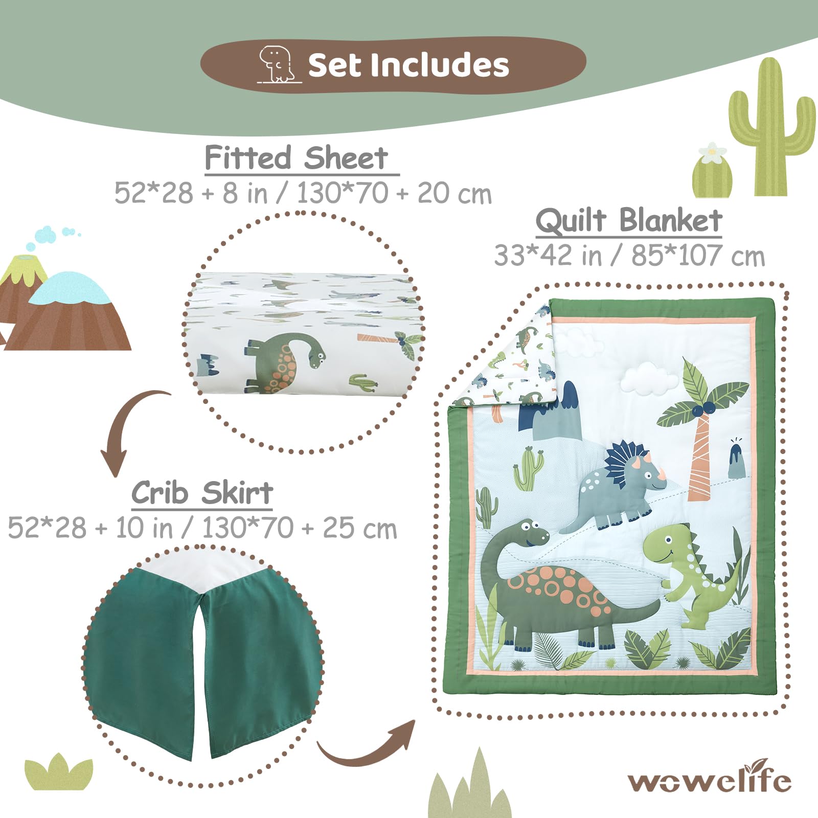 Wowelife Dinosaur Crib Bedding Set in-crib arrangement for coordinated nursery look