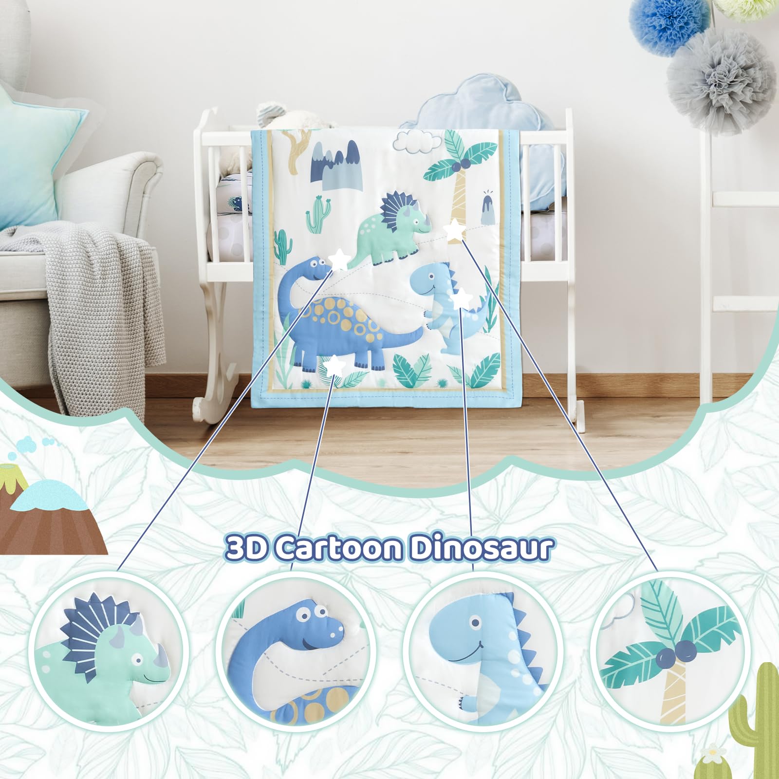 Wowelife Dinosaur crib bedding sheet with elastic edges stays in place.