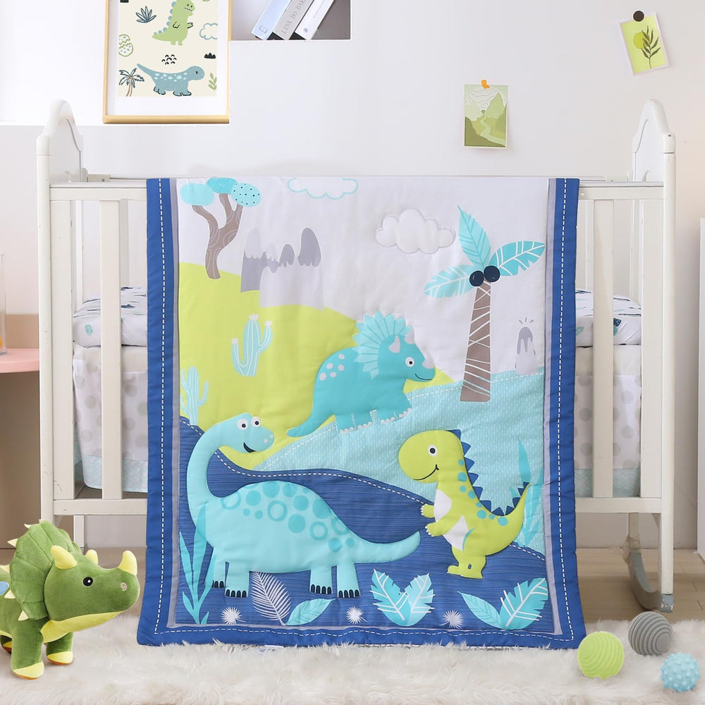 Wowelife dinosaur mini crib comforter, soft blue plush for cozy naps