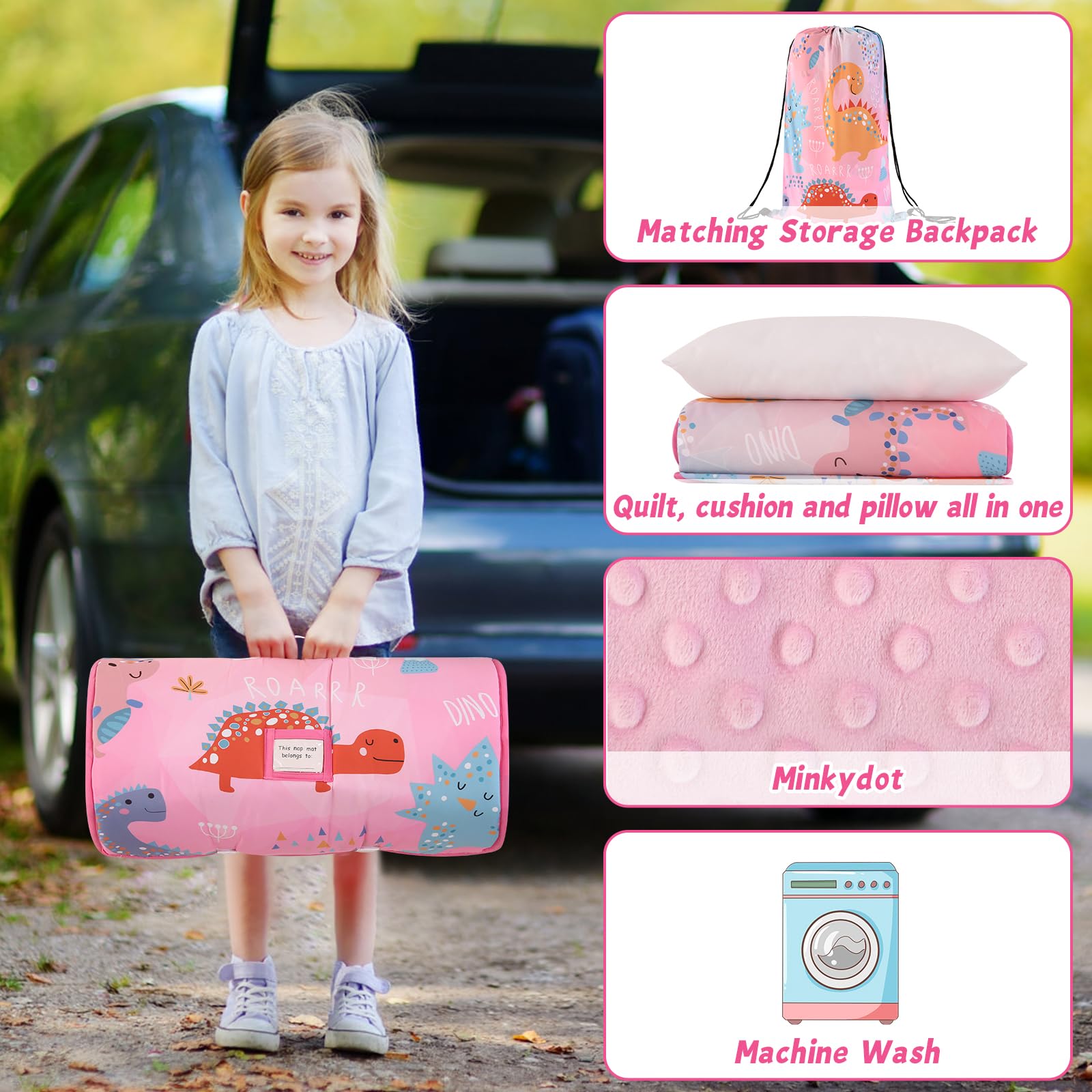 Wowelife dinosaur nap mat backpack-style bag keeps nap set organized.