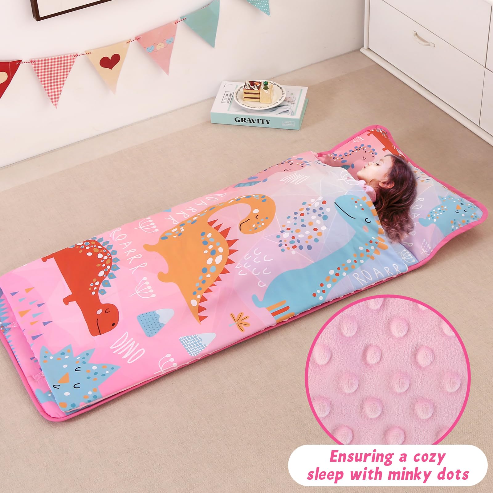Wowelife pink dinosaur nap mat shown in kindergarten-friendly setup.