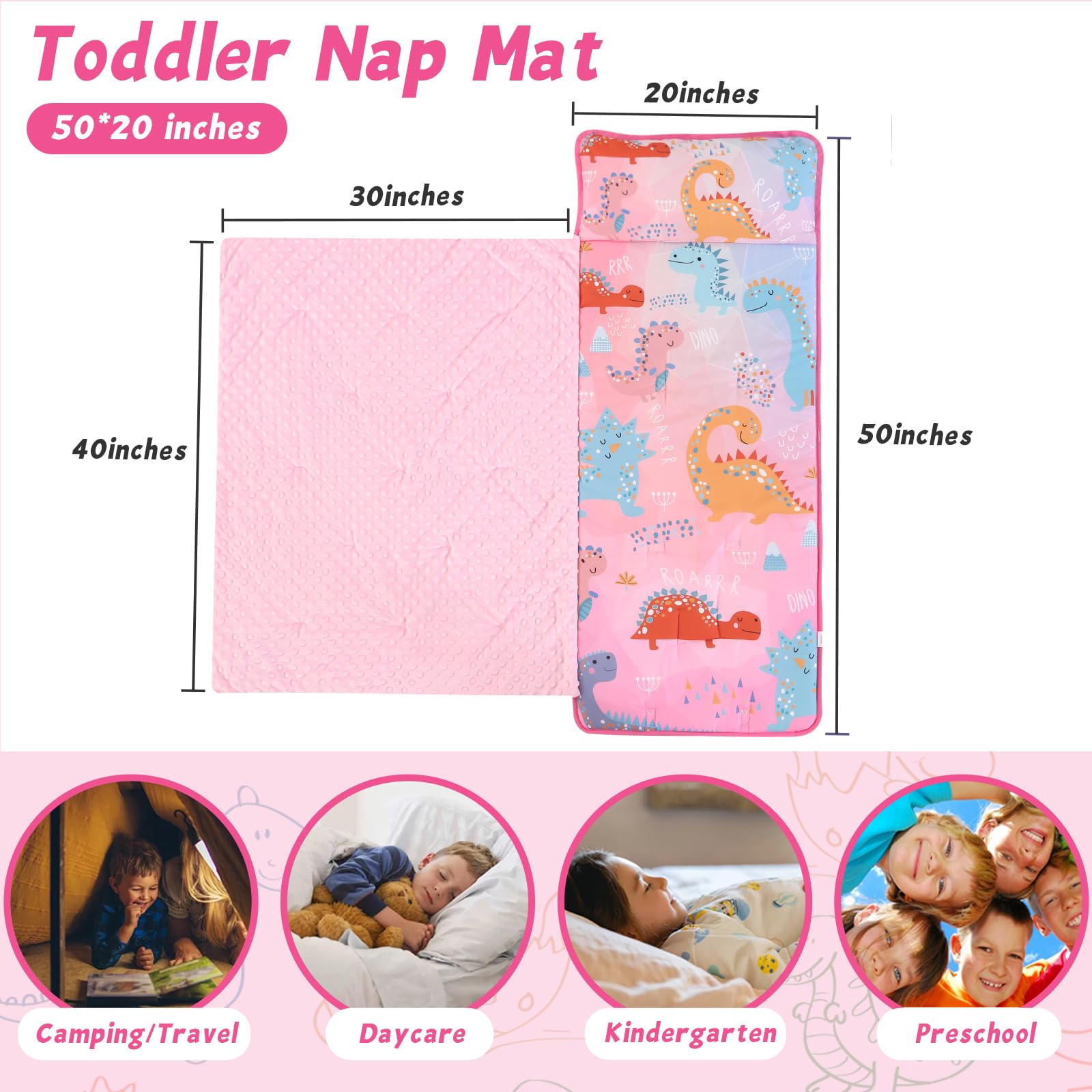 Wowelife dinosaur nap mat with minky blanket detail for extra warmth.