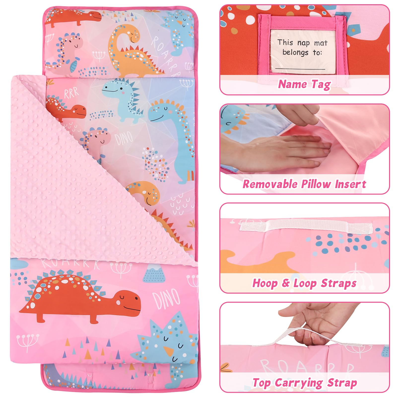 Wowelife dinosaur nap mat pink pillow and cozy setup for nap time.
