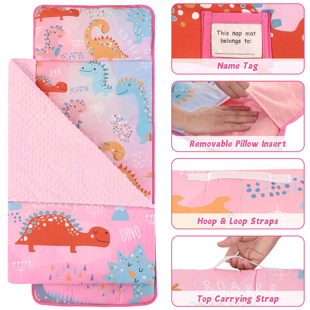 Wowelife dinosaur nap mat pink pillow and cozy setup for nap time.