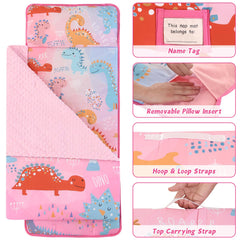 Wowelife dinosaur nap mat pink pillow and cozy setup for nap time.