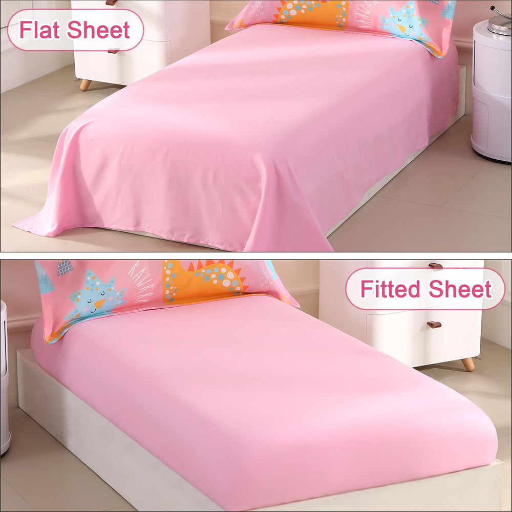 Wowelife dinosaur toddler bedding pink 3D dinosaurs design—playful scene sparks bedtime imagination.