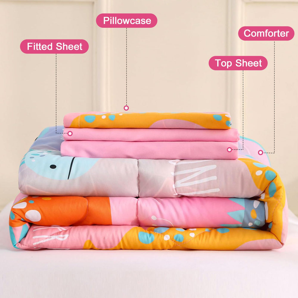 Wowelife dinosaur toddler bedding pink bedroom setup—colorful decor helps create cozy kid-friendly space.