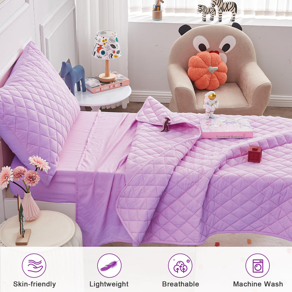 Wowelife fitted sheet purple toddler close-up demonstrates snug fit for mattresses up to 8 inches.