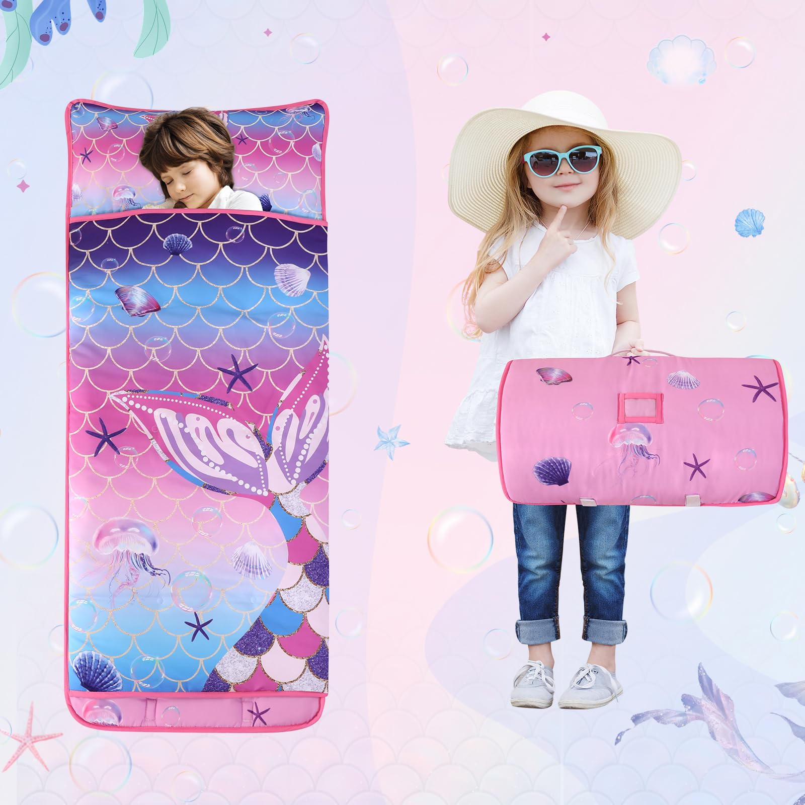 Wowelife Mermaid Nap Mat care guide illustration highlights easy cleaning.