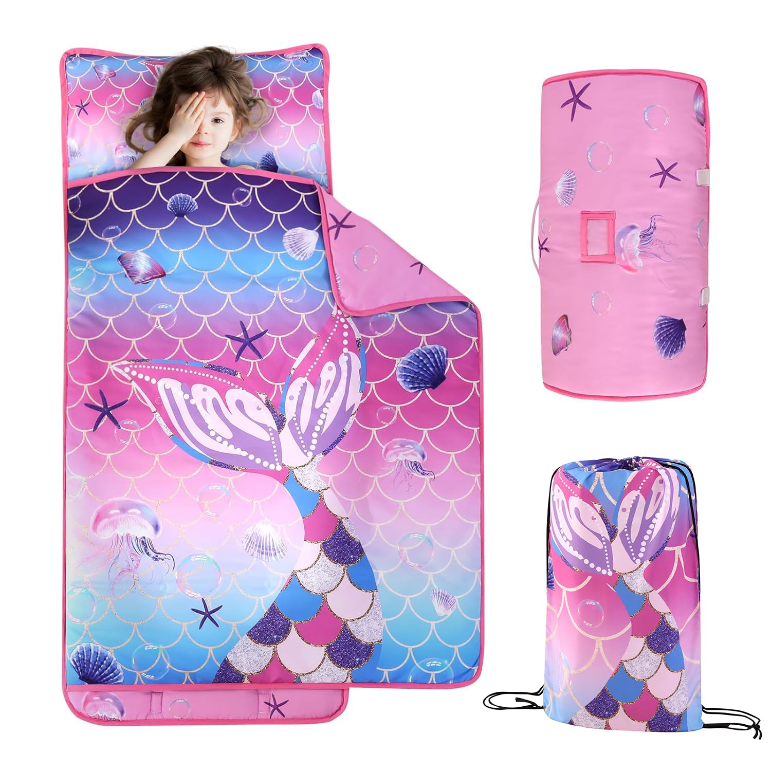 Wowelife Mermaid Nap Mat folded with pillow, ideal for daycare naps.