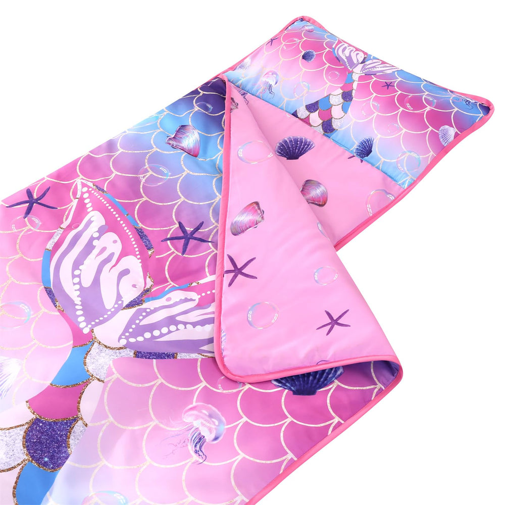 Wowelife Mermaid Nap Mat open and ready in cozy sleep setup.
