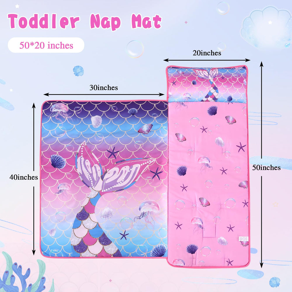 Wowelife Mermaid Nap Mat pillow detail shows soft microfiber quality.