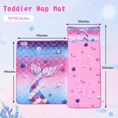 Wowelife Mermaid Nap Mat pillow detail shows soft microfiber quality.