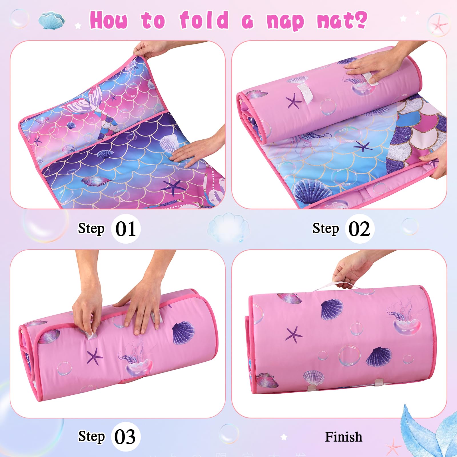 Wowelife Mermaid Nap Mat in pink-purple color scheme for kids.