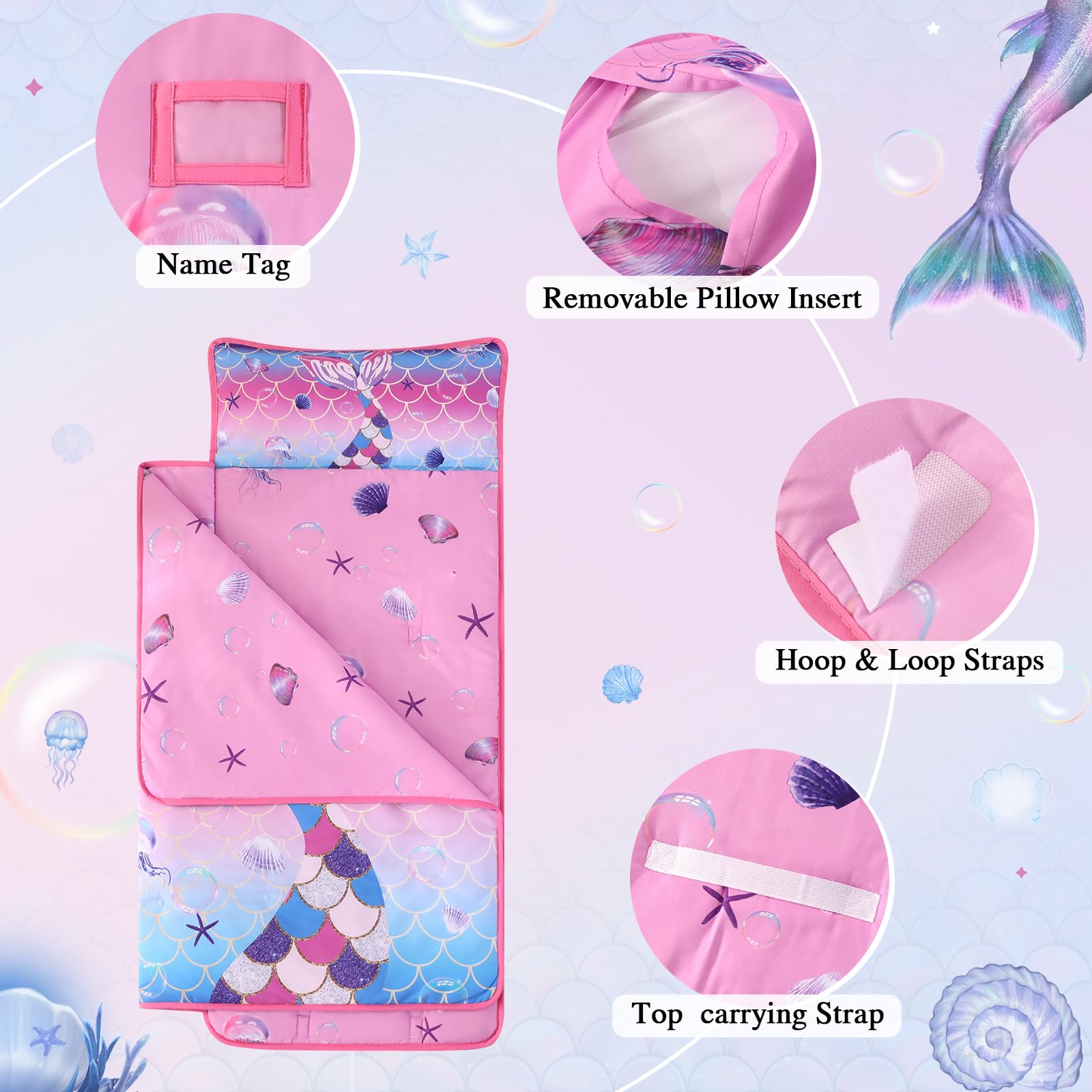 Wowelife Mermaid Nap Mat rolled with strap, easy to carry for travel.