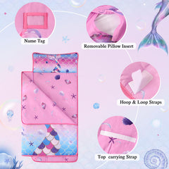 Wowelife Mermaid Nap Mat rolled with strap, easy to carry for travel.