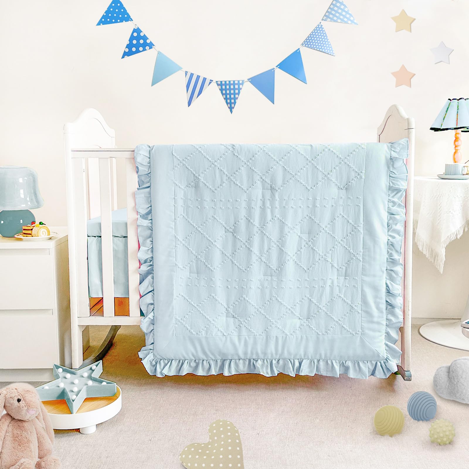 Wowelife mini crib bedding blue comforter close-up showing plush tufted texture for cozy naps