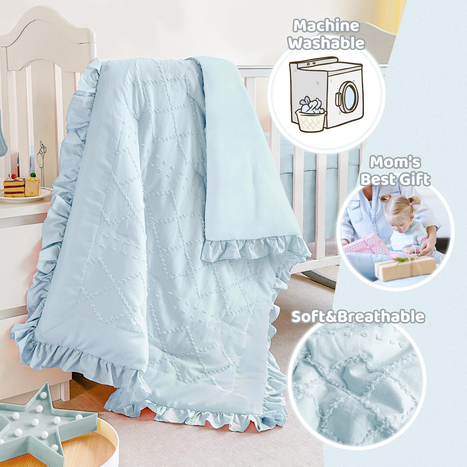 Wowelife mini crib bedding blue skirt close-up showcasing tailored fringe and clean edge